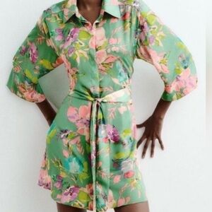 Zara Green Floral Belted Silk Shirt Dress small